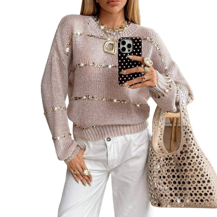 Damen Grobstrick-Pullover mit Paillettenstreifen, Oversize-Schnitt & Rundhalsausschnitt Echoarchiv