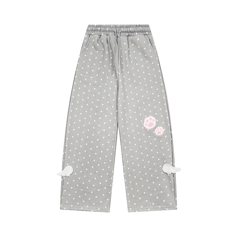 Damen Weite Lounge-Hose mit elastischem Bund, Sternenallover und Pfoten-Applikation Echoarchiv