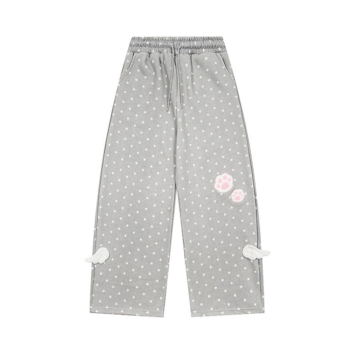 Damen Weite Lounge-Hose mit elastischem Bund, Sternenallover und Pfoten-Applikation Echoarchiv