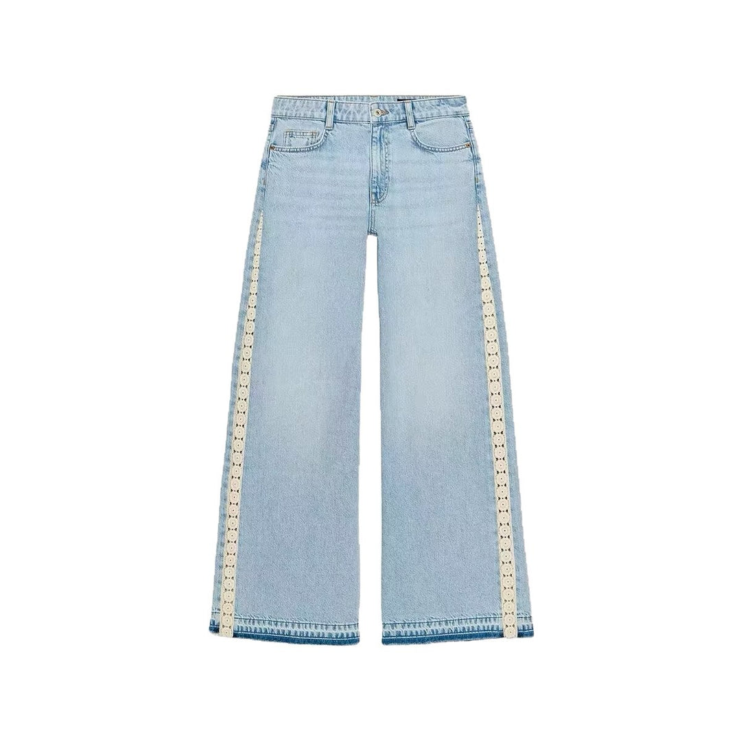 Damen Highwaist Cropped Wide‑Leg Jeans mit Häkelspitzen-Seitenstreifen Echo Archiv