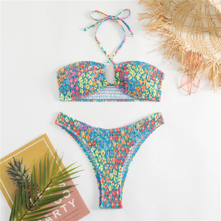 Damen Bandeau-Bikini mit verspieltem Wickeldetail und buntem Design Echo Archiv