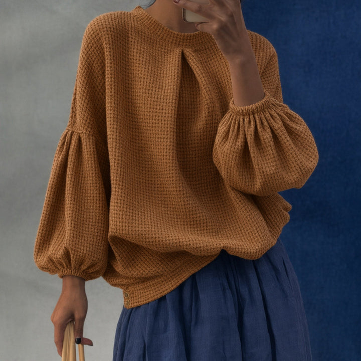 Damen Oversize Waffelstrickpullover mit Ballonärmeln und Kellerfalte Echoarchiv