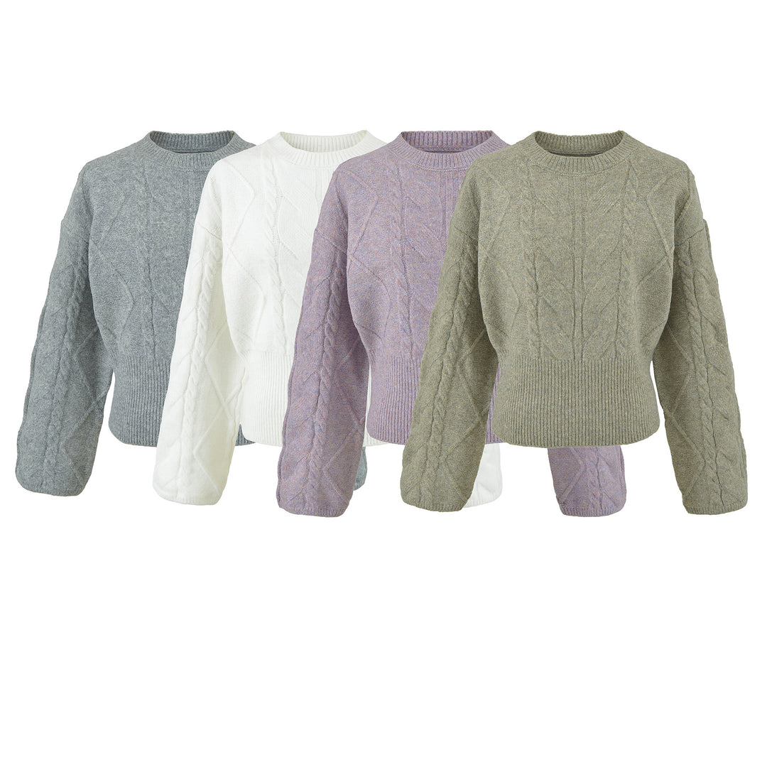 Damen Kurzer Zopfmuster-Strickpullover mit tailliertem Rippbündchen Echoarchiv