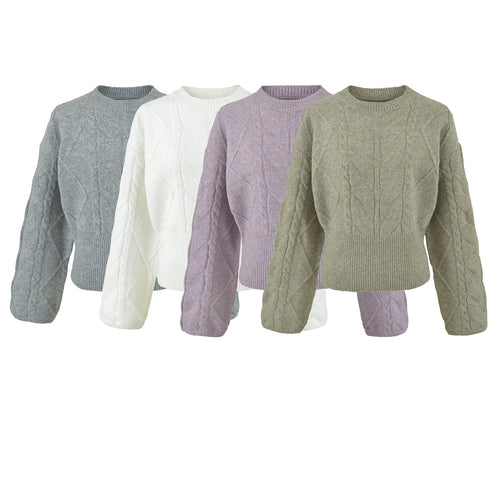Damen Kurzer Zopfmuster-Strickpullover mit tailliertem Rippbündchen Echoarchiv