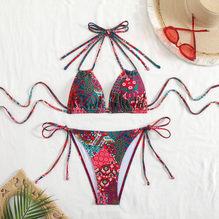 Damen Bikini-Set mit verspieltem Bindeband und buntem Muster Echo Archiv