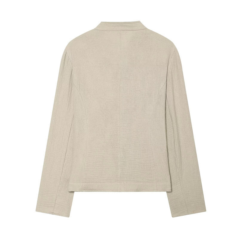 Damen Boxy-Leinenblazer mit Stehkragen, dekorativer Knopfleiste und Pattentaschen Echo Archiv