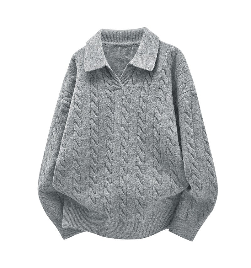 Damen Oversize Kabelstrick-Polo-Pullover mit V‑Ausschnitt und geripptem Saum Echoarchiv