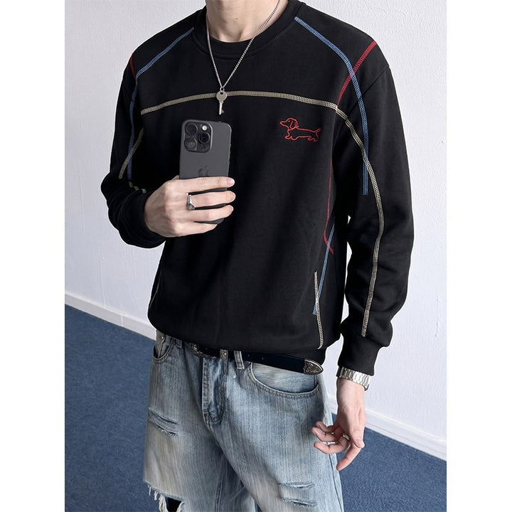Herren Sweatshirt mit farbiger Ziernaht, gesticktem Hundemotiv und Rundhalsausschnitt Echoarchiv