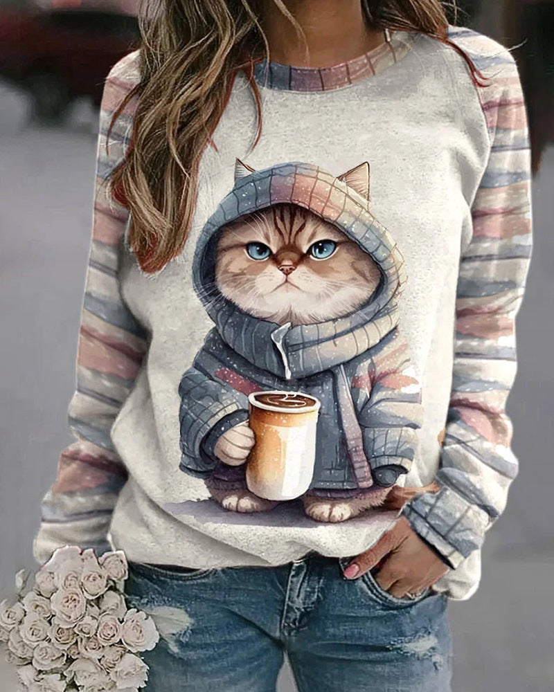 Damen nan lässiges Sweatshirt mit großem Kätzchen-Frontprint und gestreiften Raglanärmeln Echo Archiv