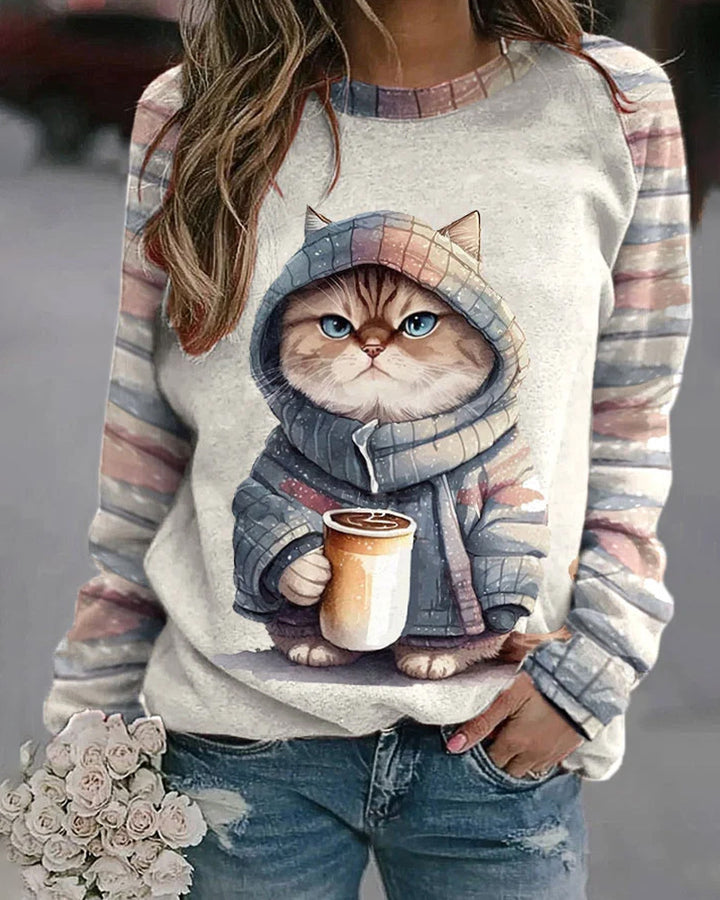Damen nan lässiges Sweatshirt mit großem Kätzchen-Frontprint und gestreiften Raglanärmeln Echo Archiv