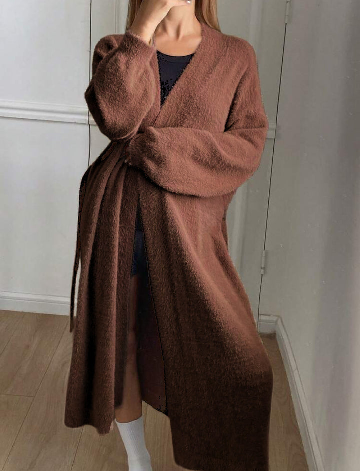 Damen Langer Wickel-Cardigan in Flausch-Optik mit Bindegürtel – Veloura