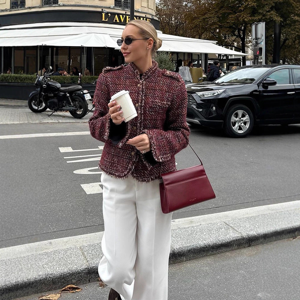Damen Kurze Bouclé-Tweed-Jacke mit Fransenbesatz und Zierknöpfen Echoarchiv