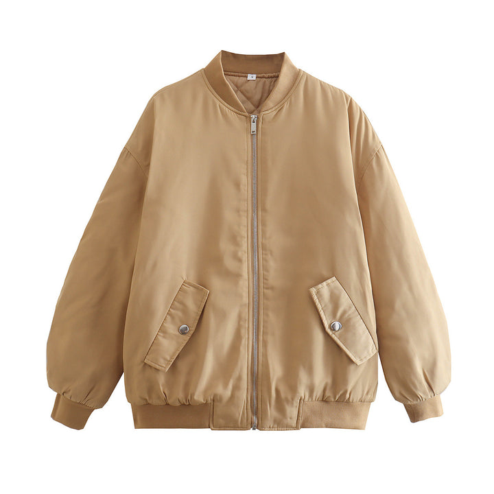 Damen oversized Bomberjacke mit Stehkragen, Reißverschluss und Druckknopf-Taschen – Avenza