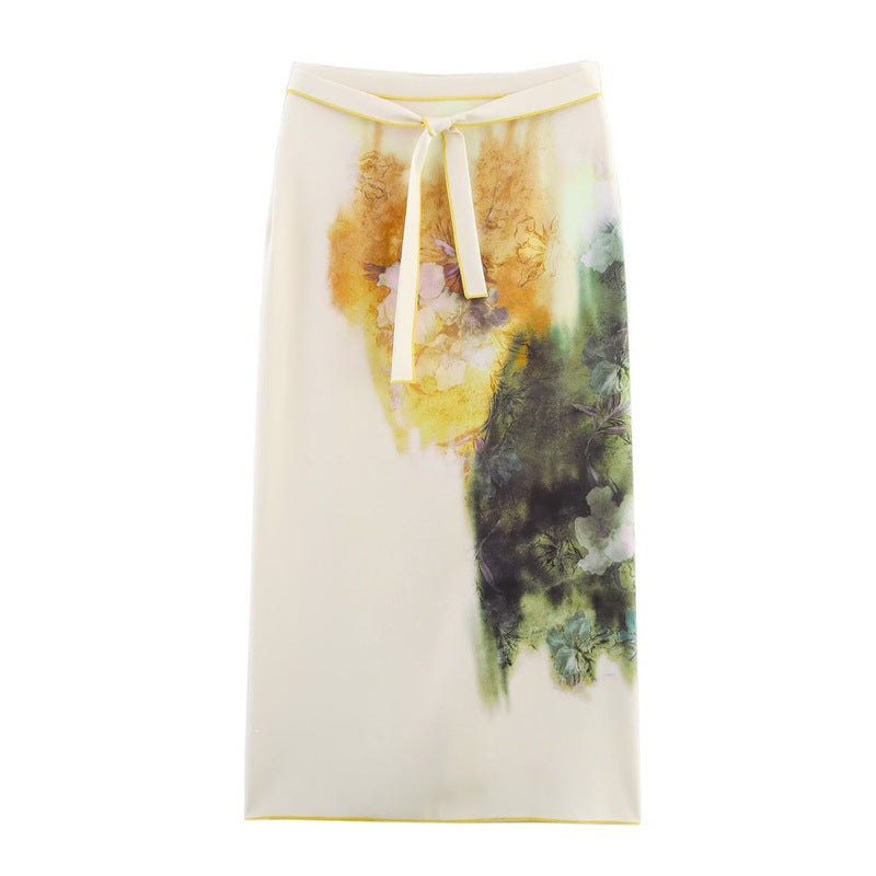 Damen Midirock mit Aquarell‑Print, geradem Schnitt und Zierbindegürtel Echo Archiv