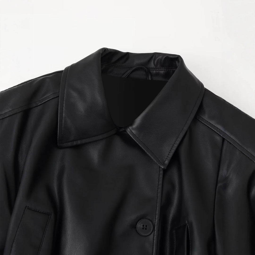 Damen nan taillierte Kunstlederjacke mit Bindegürtel, Hemdkragen und verdeckter Knopfleiste Echo Archiv