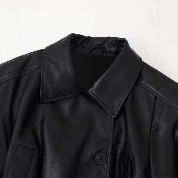 Damen nan taillierte Kunstlederjacke mit Bindegürtel, Hemdkragen und verdeckter Knopfleiste Echo Archiv