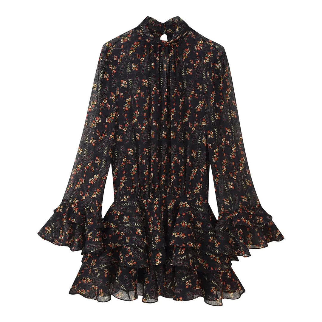 Damen fließendes Chiffon-Minikleid mit Stehkragen langen Volantärmeln und mehrstufigem Stufenrock – Élara