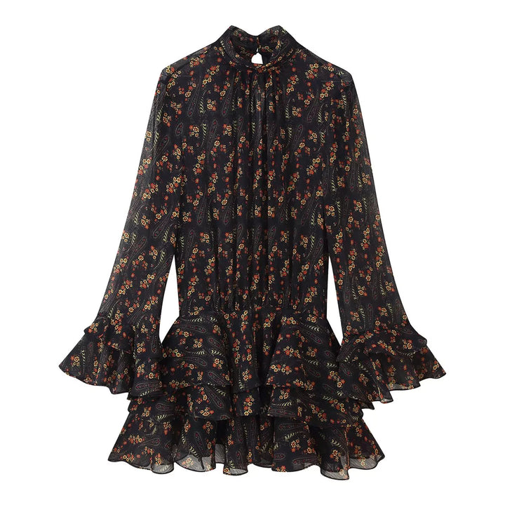 Damen fließendes Chiffon-Minikleid mit Stehkragen langen Volantärmeln und mehrstufigem Stufenrock – Élara