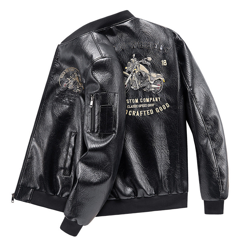 Men's motorcycle graphic faux-leather varsity bomber with embroidered back panel and sleeve utility pocket – Brevano