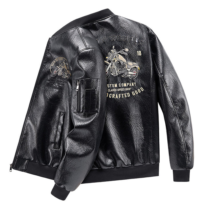 Men's motorcycle graphic faux-leather varsity bomber with embroidered back panel and sleeve utility pocket – Brevano