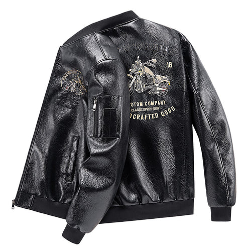 Men's motorcycle graphic faux-leather varsity bomber with embroidered back panel and sleeve utility pocket – Brevano