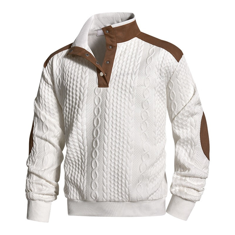 Herren Strickpullover mit Zopfmuster, Stehkragen und Kontrast‑Schulter- & Ellbogenpatches Echoarchiv