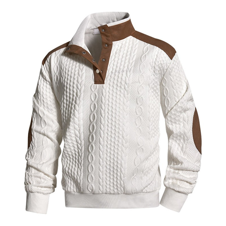 Herren Strickpullover mit Zopfmuster, Stehkragen und Kontrast‑Schulter- & Ellbogenpatches Echoarchiv