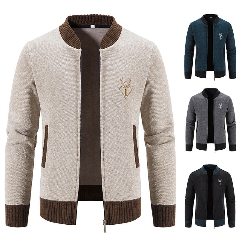 Herren nan lässiger Zip-Strickblouson mit weichem Thermofutter, geripptem Stehkragen und Hirsch-Logo Echo Archiv