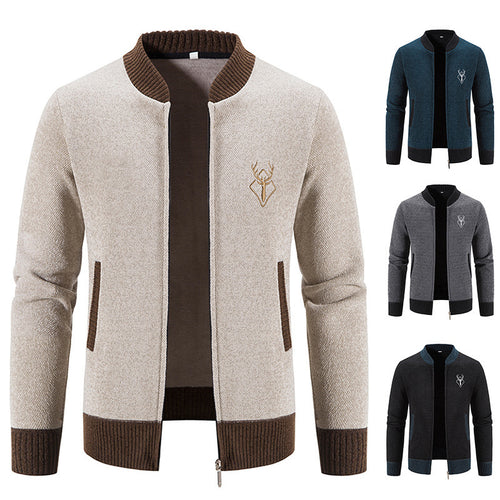 Herren nan lässiger Zip-Strickblouson mit weichem Thermofutter, geripptem Stehkragen und Hirsch-Logo Echo Archiv