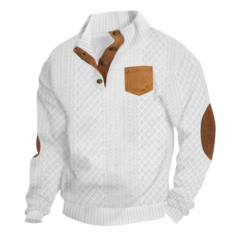 Herren zeitloser Strickpullover mit hochgeschlossenem Kragen und kontrastierenden Lederapplikationen Echoarchiv