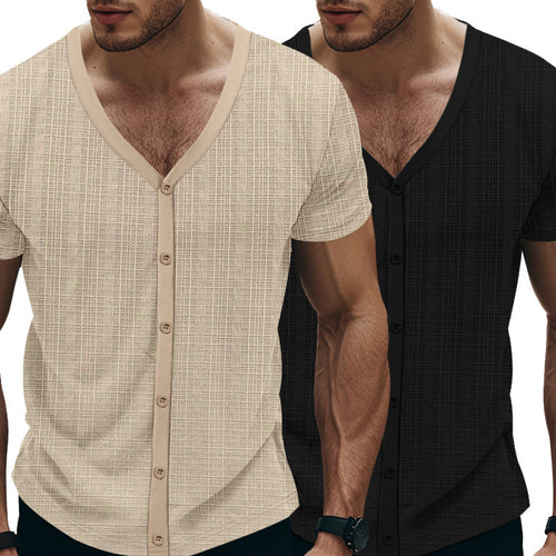 Herren Kurzarm Henley-Shirt mit strukturiertem Design und Knopfleiste Echoarchiv