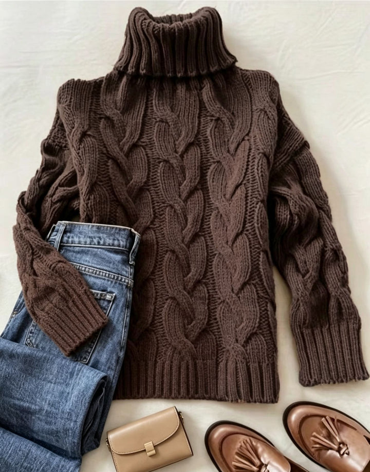 Damen Grobstrick-Rollkragenpullover mit markanten Zopfmustern und gerippten Bündchen – Mavelle