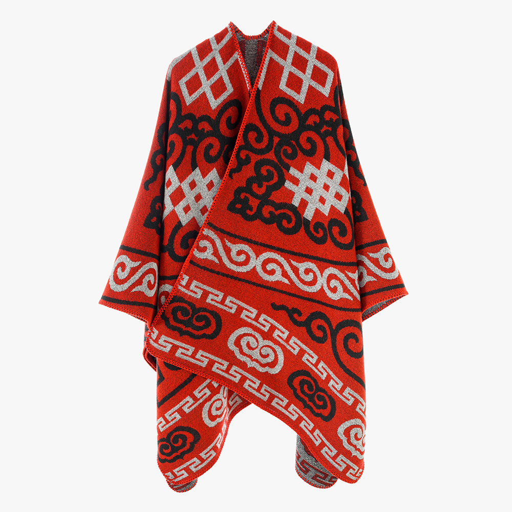 Damen Oversize-Jacquard-Umhang mit ethno-inspiriertem Ornamentmuster Echo Archiv