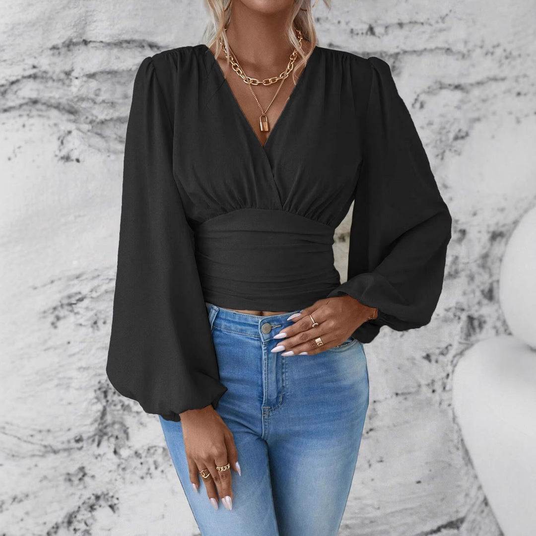 Damen Wickel-Cropped-Top mit geraffter Taillenpartie und weiten Ballonärmeln Echo Archiv