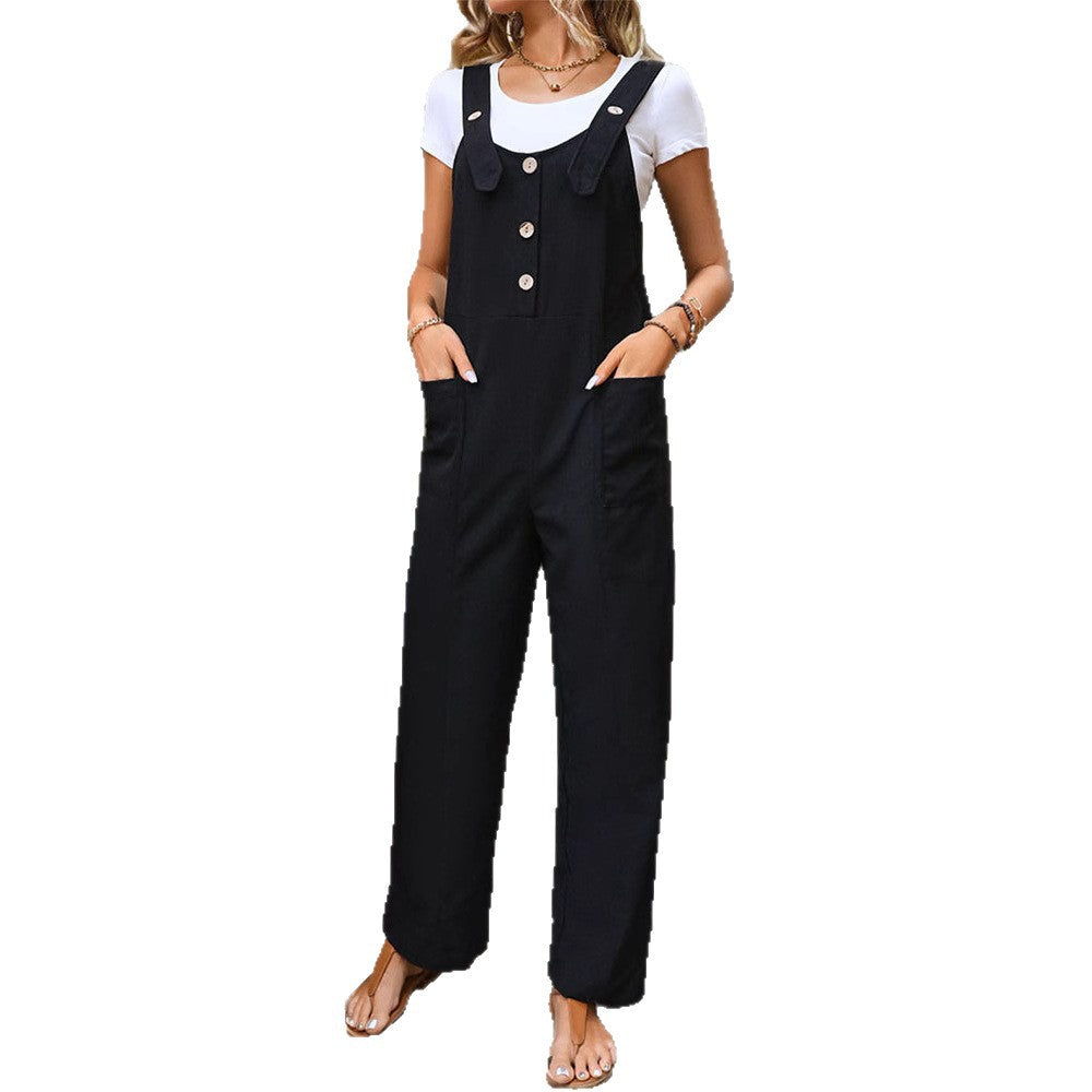 Damen Weichfallender Latz-Jumpsuit mit weitem Bein und Holzknopf‑Verschluss Echoarchiv