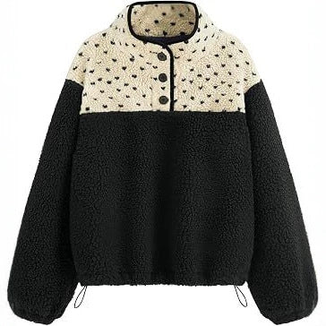 Damen Teddy-Fleece-Pullover mit Stehkragen, Druckknopfverschluss und Kordelzug – Mavelle