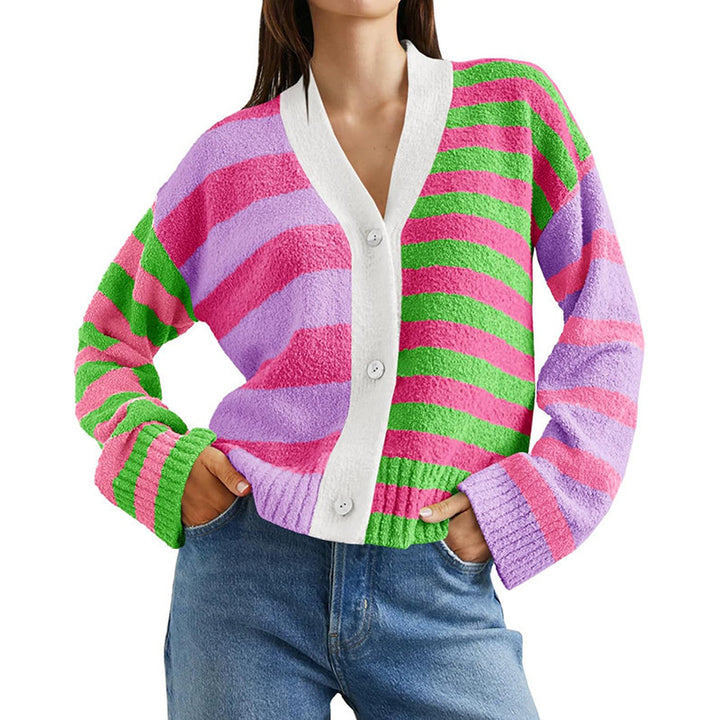Damen lockerer gestreifter Frottee-Cardigan mit V-Ausschnitt und Knopfleiste – Veloura