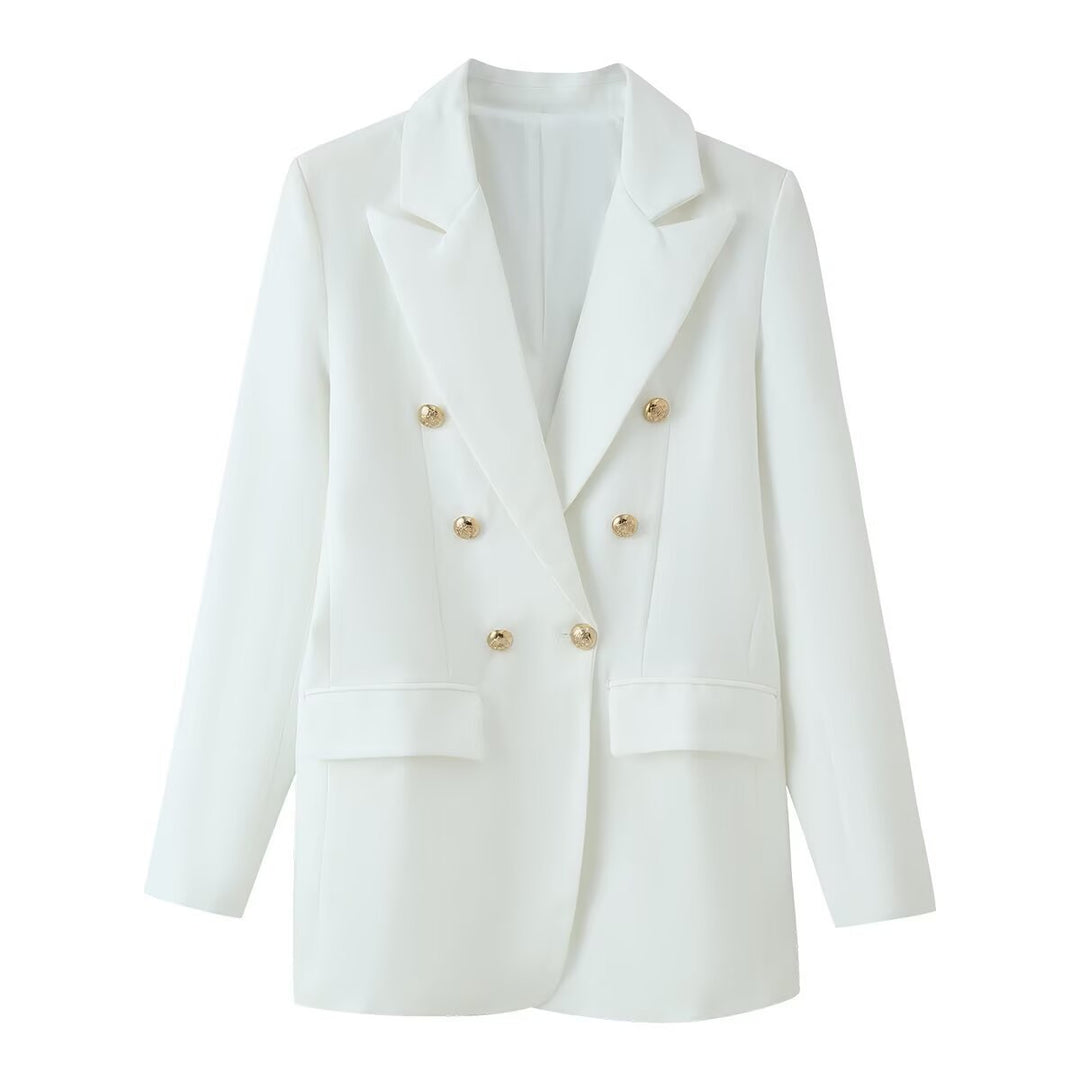 Damen Longline-Doppelreiher Blazer mit markanten Revers und goldenen Zierknöpfen Echo Archiv