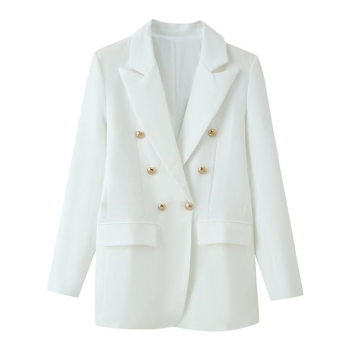 Damen Longline-Doppelreiher Blazer mit markanten Revers und goldenen Zierknöpfen Echo Archiv
