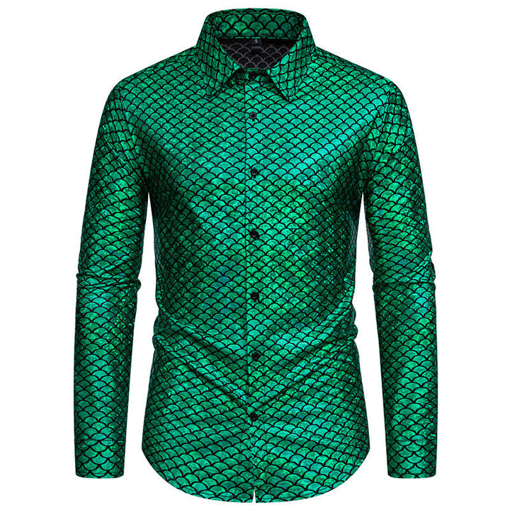 Herren schimmerndes Langarmhemd mit Fischschuppen-Design Echoarchiv