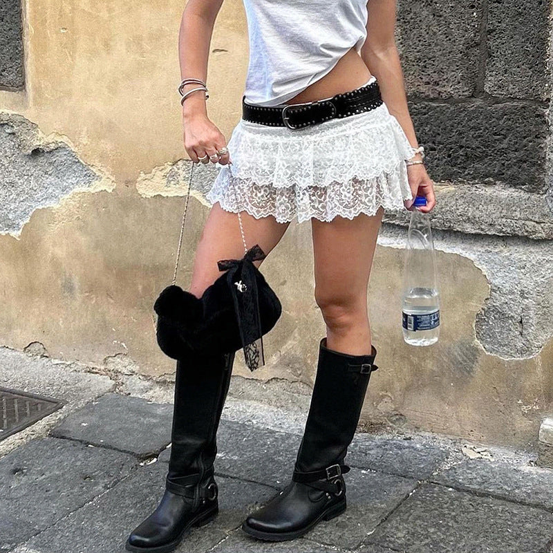 Damen romantischer Spitzenrock mit Rüschendetails und Satinband Echo Archiv