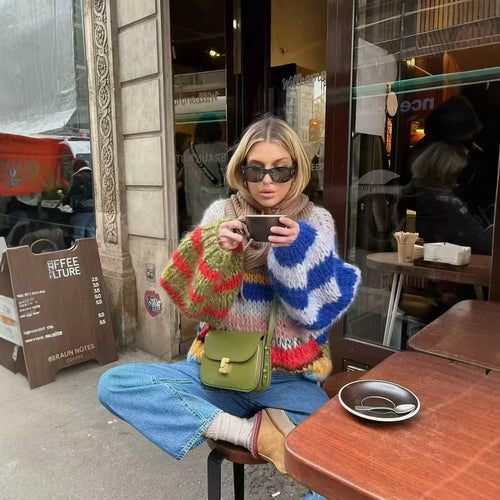 Damen Oversize-Strickpullover aus Mohairmix mit voluminösen Ballonärmeln und Blockstreifen Echo Archiv