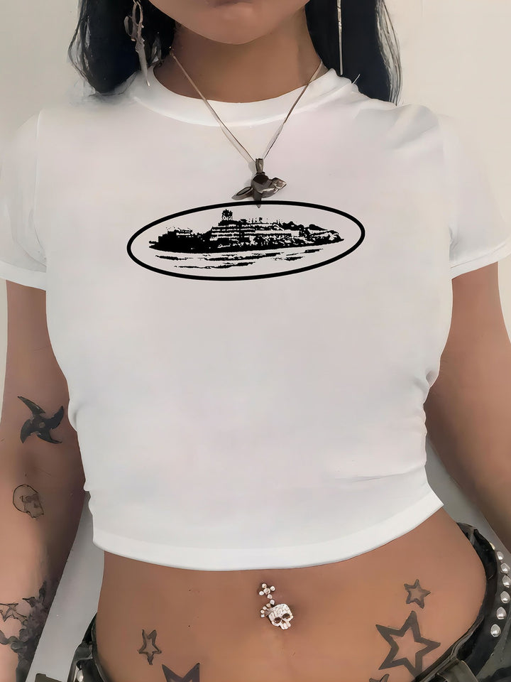 Damen cropped T-Shirt mit exklusivem Pferdemotiv und figurbetontem Schnitt Echo Archiv