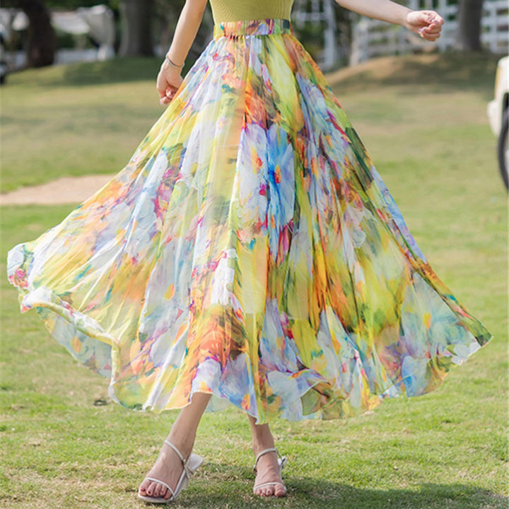 Damen nan lange plissierte Maxirock mit floralem Sommerprint und elastischem Bund Echo Archiv