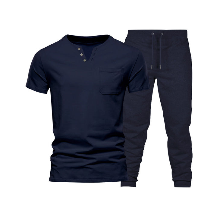 Herren lässiges Kurzarm-Henley-Set mit praktischer Brusttasche und bequemen Jogginghosen Echoarchiv