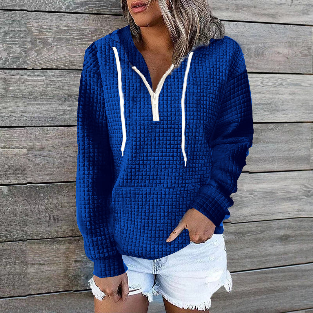 Damen Waffelstruktur Kapuzenpullover mit Halbzip, Kängurutasche und lässigem Oversize‑Schnitt Echoarchiv