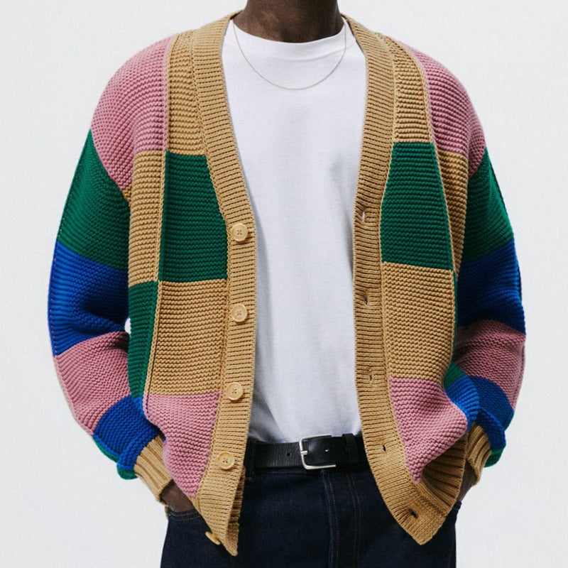 Herren gestreifter Strickcardigan mit bunten Farbblock-Design Echoarchiv