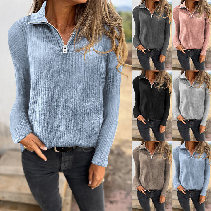 Damen Rippstrickpullover mit halbem Reißverschluss und Stehkragen Echoarchiv