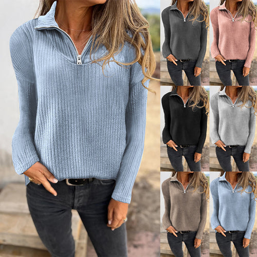 Damen Rippstrickpullover mit halbem Reißverschluss und Stehkragen Echoarchiv