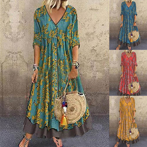 Damen Maxikleid im Boho‑Stil mit V‑Ausschnitt, durchgehender Knopfleiste und Stufenrock – Valéora